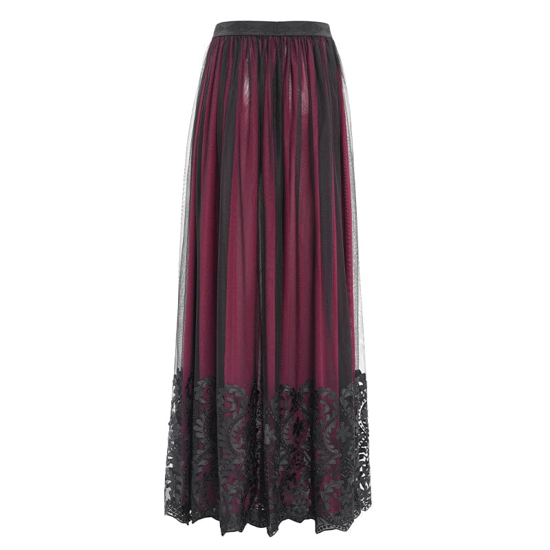 EVA LADY Women's Gothic Floral Mesh Splice Skirt Red