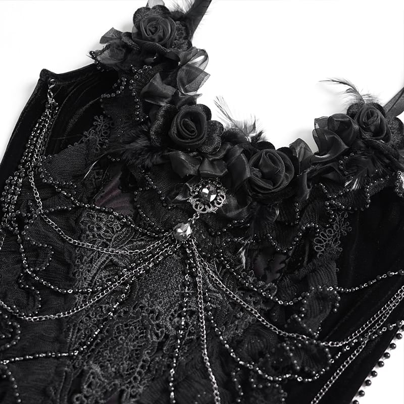 EVA LADY Women's Gothic Floral Side Lace-up Beaded Ruffle Chain Slip Dress