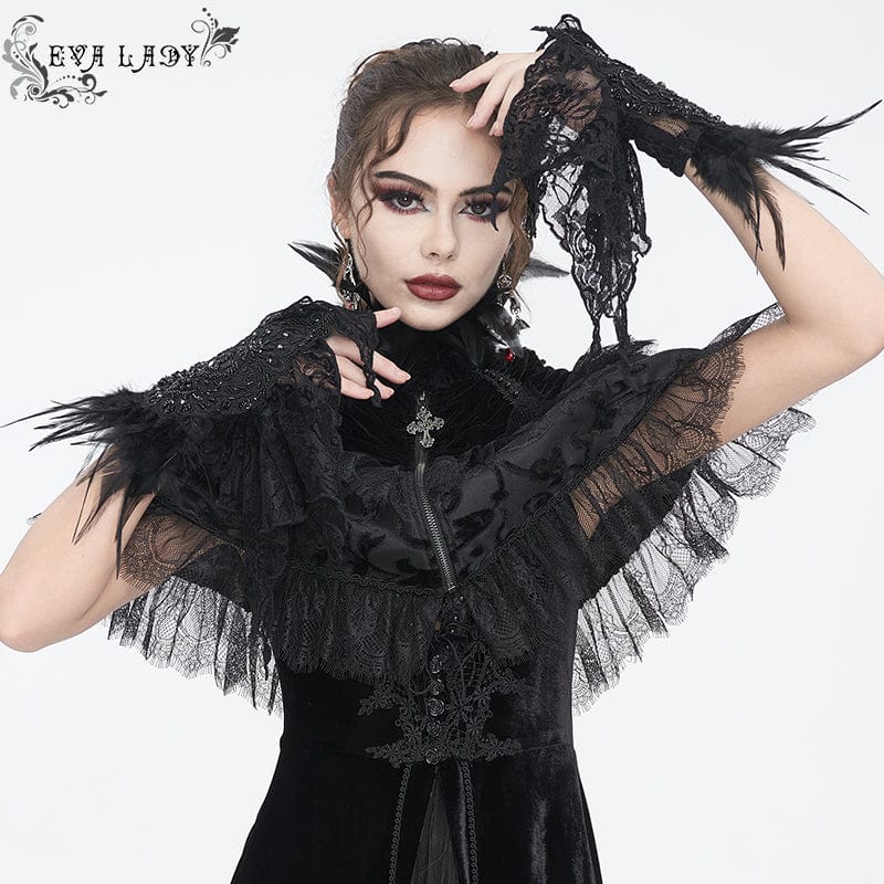 EVA LADY Women's Gothic Irregular Feather Beaded Black Lace Gloves