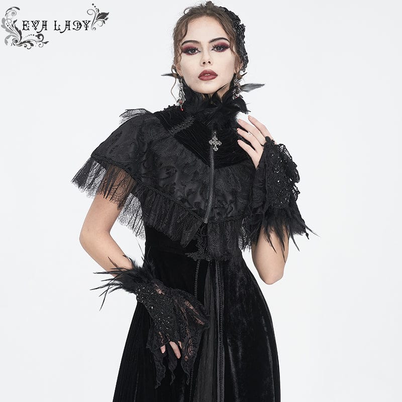 EVA LADY Women's Gothic Irregular Feather Beaded Black Lace Gloves