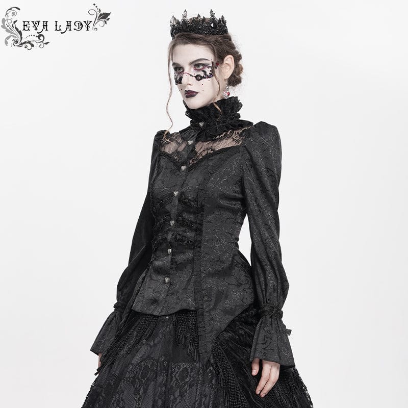 EVA LADY Women's Gothic Jacquard Lace Stand Collar Long Sleeve Shirt
