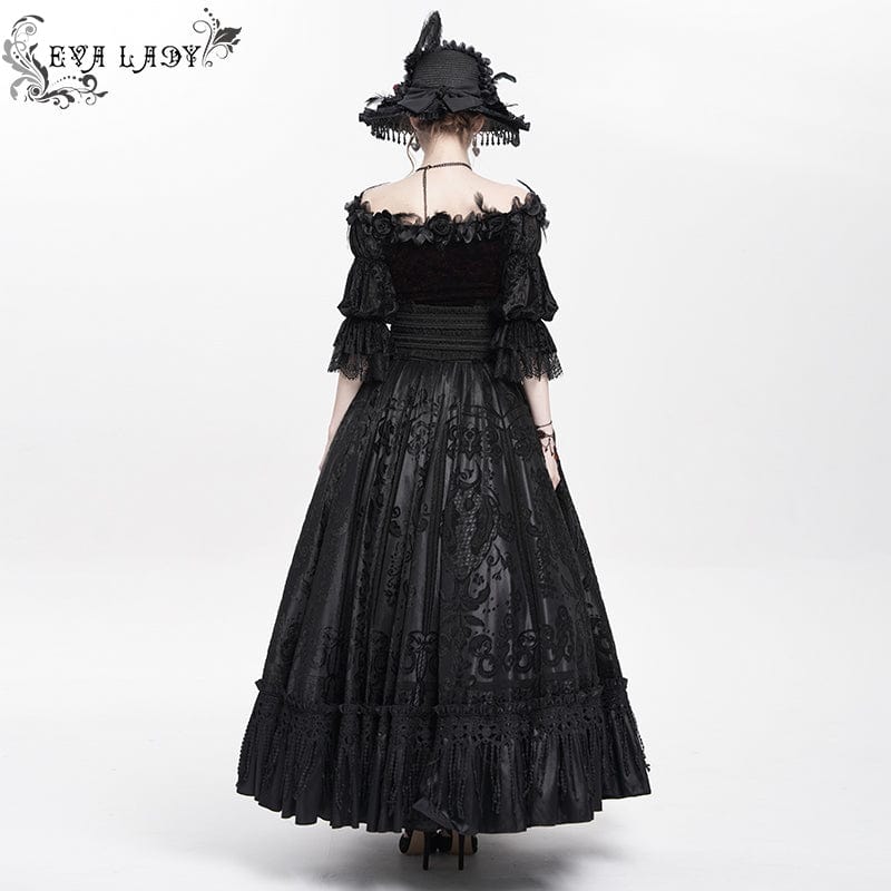 EVA LADY Women's Gothic Jacquard Tassels Buckle-up Long Skirt Black