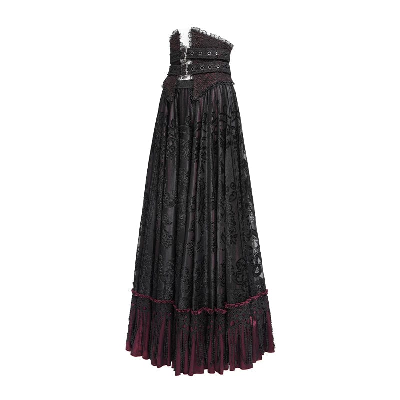 EVA LADY Women's Gothic Jacquard Tassels Buckle-up Long Skirt Red