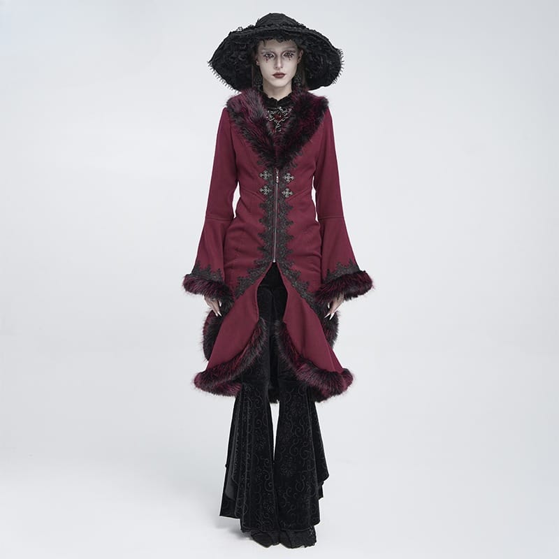 EVA LADY Women's Gothic Lace Applique Faux Fur Trim Flare Sleeve Coat