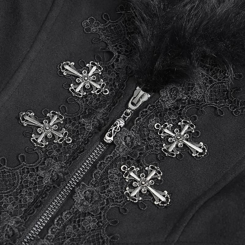 EVA LADY Women's Gothic Lace Applique Faux Fur Trim Front Zipper Coat