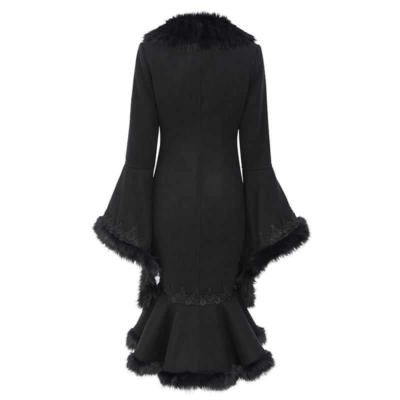 EVA LADY Women's Gothic Lace Applique Faux Fur Trim Front Zipper Coat