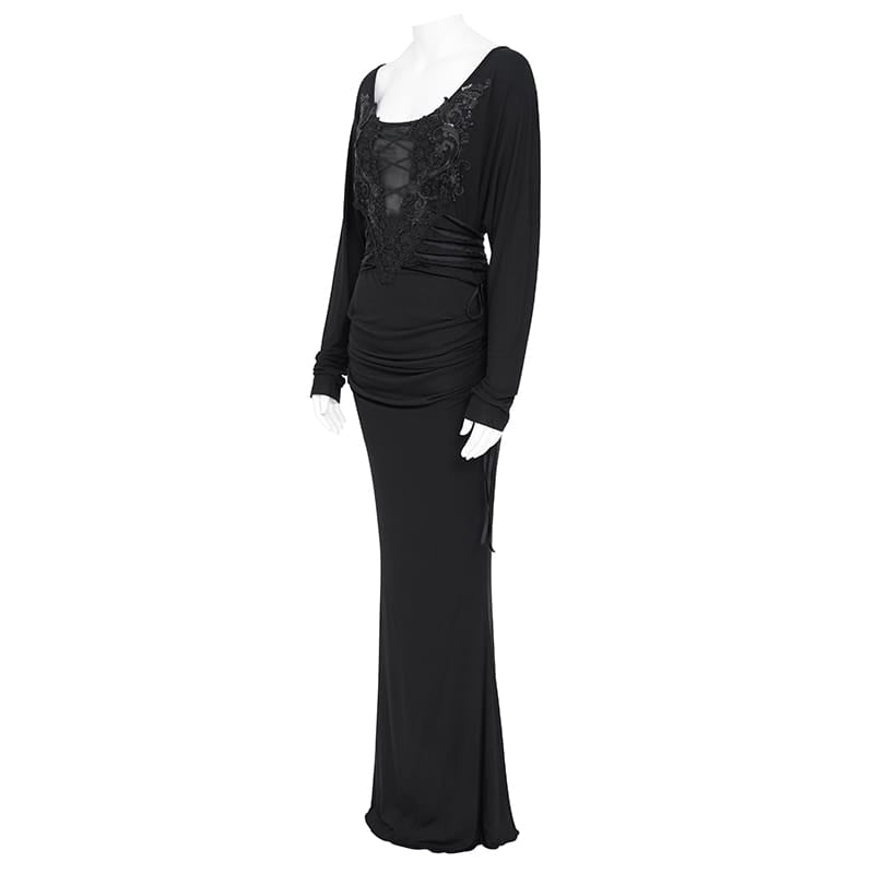 EVA LADY Women's Gothic Lace Applique Lace-up Draped Long Sleeve Maxi Dress