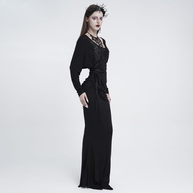 EVA LADY Women's Gothic Lace Applique Lace-up Draped Long Sleeve Maxi Dress