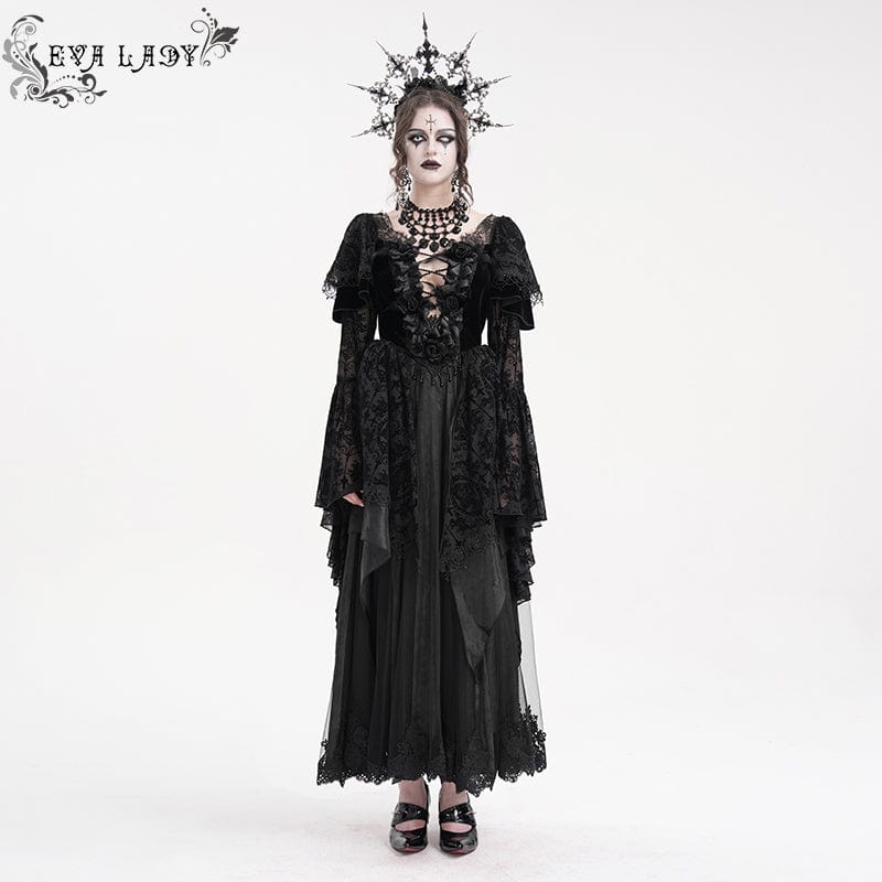 EVA LADY Women's Gothic Lace Crochet Long Sleeved Dress Wedding Dress
