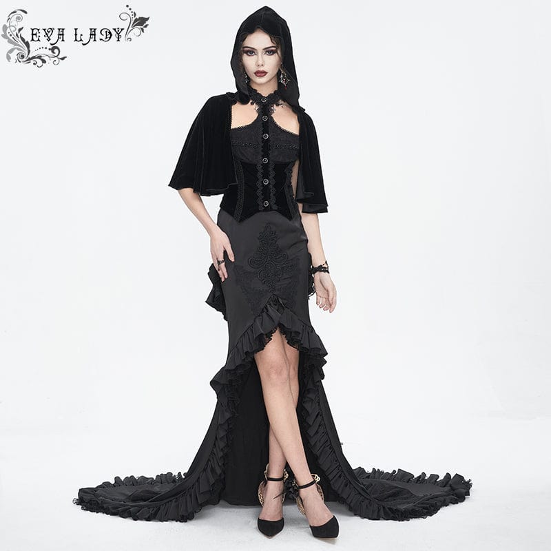 EVA LADY Women's Gothic Lace Splice Cape with Halterneck Velvet Top