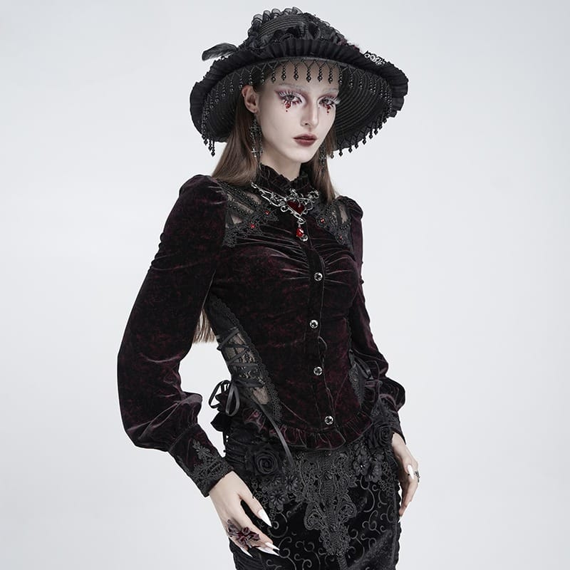 EVA LADY Women's Gothic Lace Splice Lace-up Long Sleeve Velvet Blouse