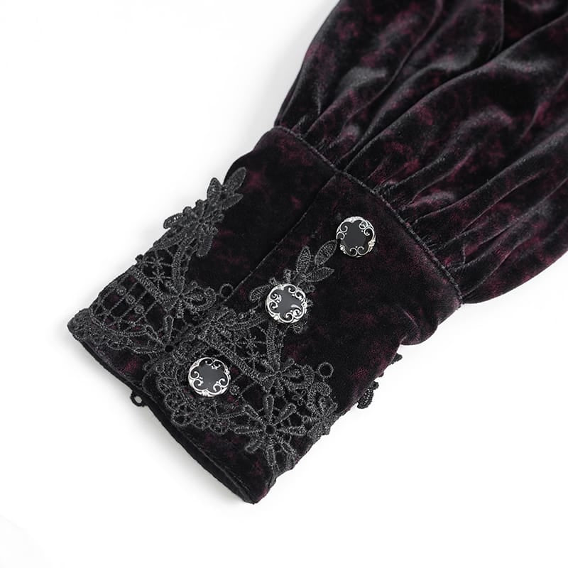 EVA LADY Women's Gothic Lace Splice Lace-up Long Sleeve Velvet Blouse