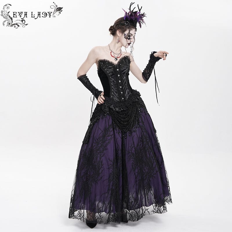 EVA LADY Women's Gothic Lace-up Beaded Lace Overbust Corset Black