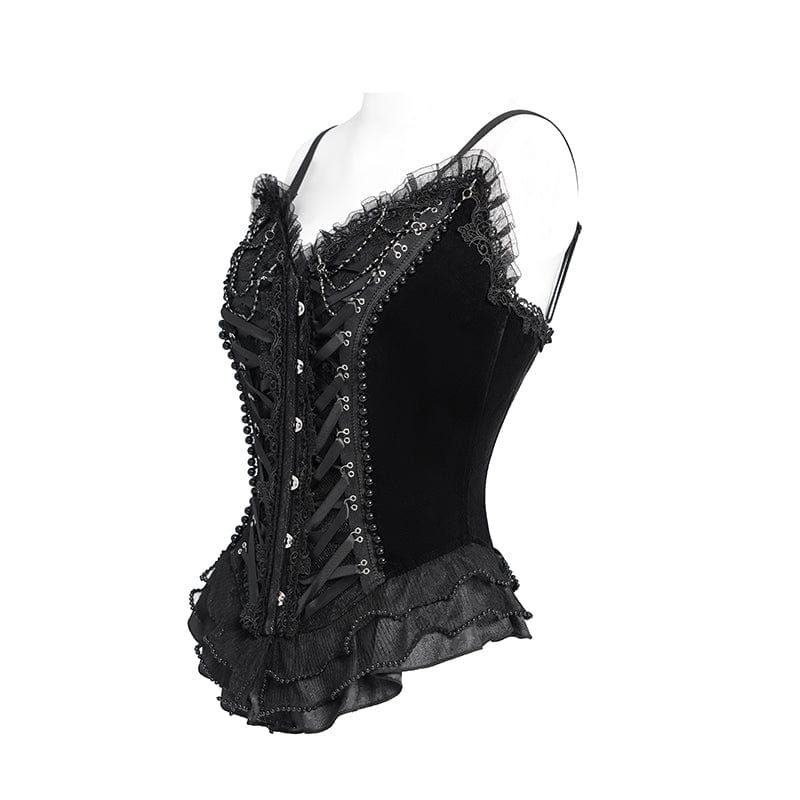 EVA LADY Women's Gothic Lace-up Beaded Lace Overbust Corset Black
