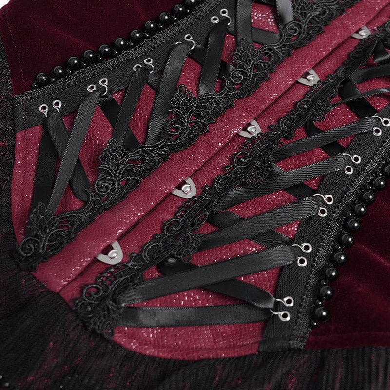 EVA LADY Women's Gothic Lace-up Beaded Lace Overbust Corset Red