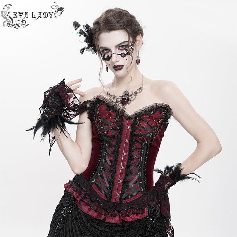 EVA LADY Women's Gothic Lace-up Beaded Lace Overbust Corset Red