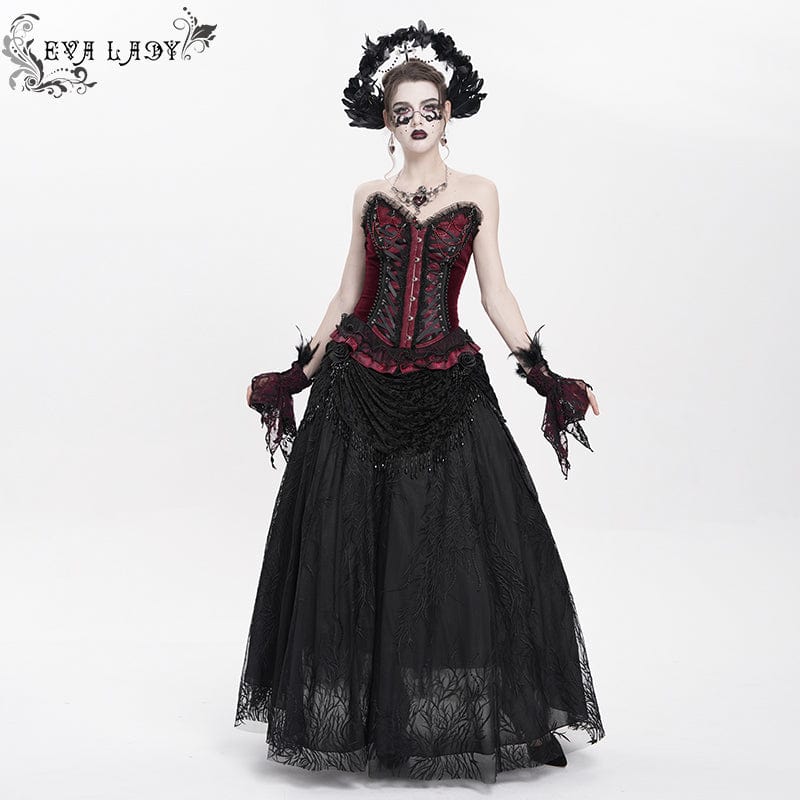 EVA LADY Women's Gothic Lace-up Beaded Lace Overbust Corset Red