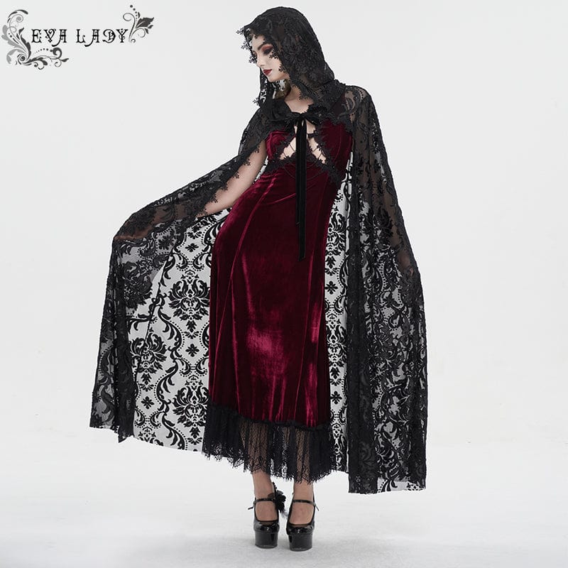 EVA LADY Women's Gothic Lace-up Flocking Lace Cloak with Hood