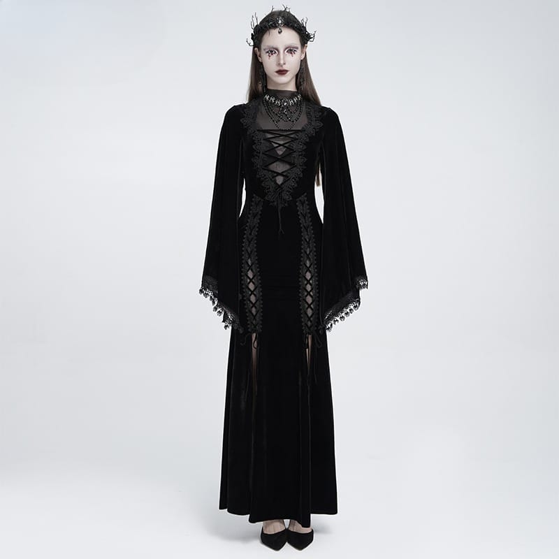 EVA LADY Women's Gothic Lace-up Mesh Splice Plunging V-neck Velvet Maxi Dress Black