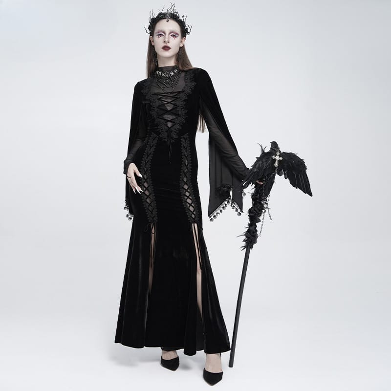 EVA LADY Women's Gothic Lace-up Mesh Splice Plunging V-neck Velvet Maxi Dress Black