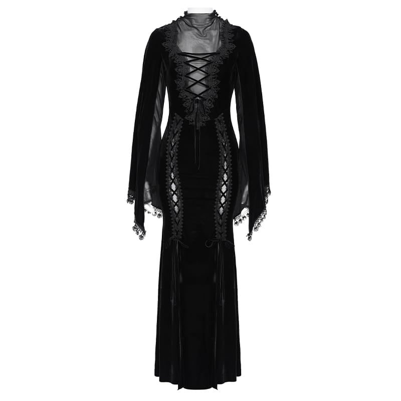 EVA LADY Women's Gothic Lace-up Mesh Splice Plunging V-neck Velvet Maxi Dress Black