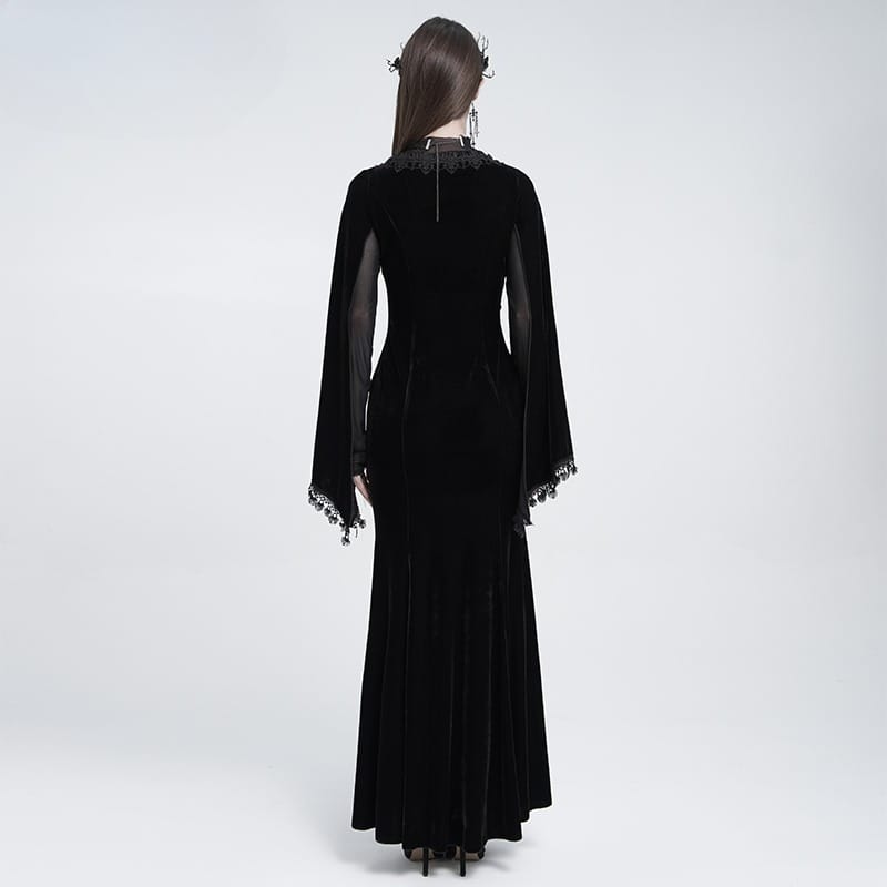 EVA LADY Women's Gothic Lace-up Mesh Splice Plunging V-neck Velvet Maxi Dress Black