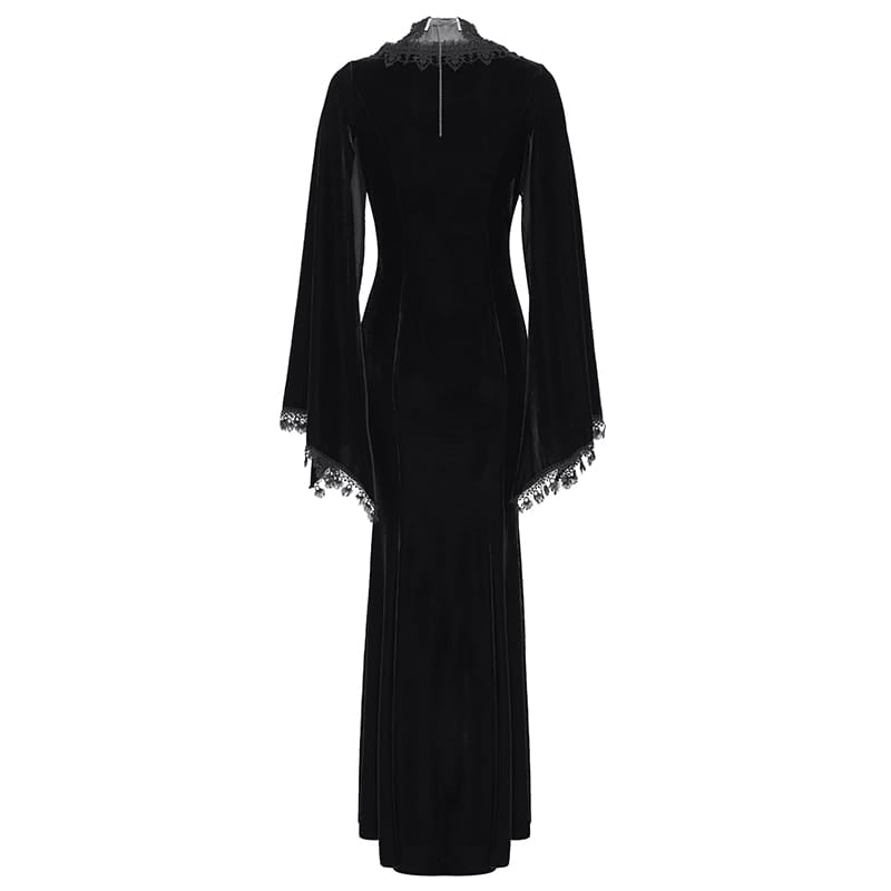 EVA LADY Women's Gothic Lace-up Mesh Splice Plunging V-neck Velvet Maxi Dress Black