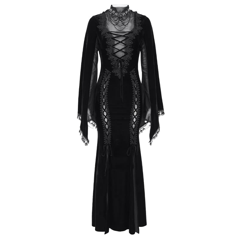 EVA LADY Women's Gothic Lace-up Mesh Splice Plunging V-neck Velvet Maxi Dress Black