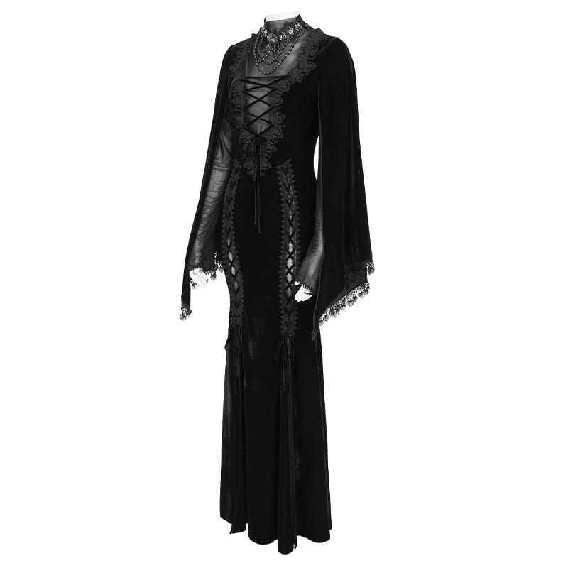 EVA LADY Women's Gothic Lace-up Mesh Splice Plunging V-neck Velvet Maxi Dress Black