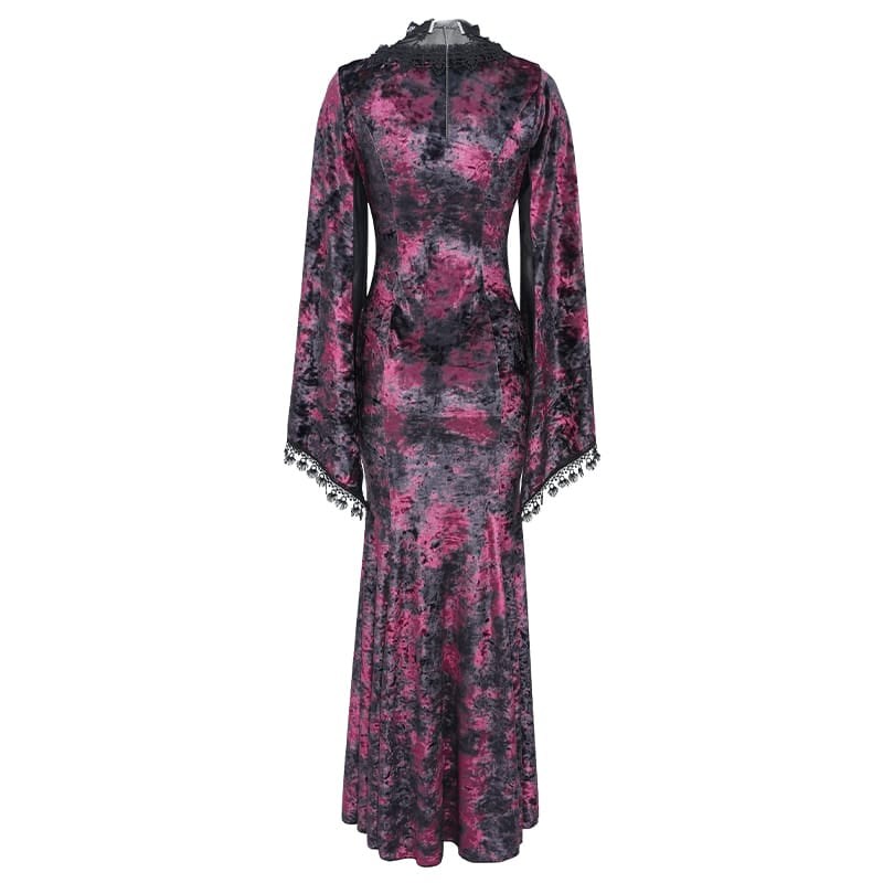 EVA LADY Women's Gothic Lace-up Mesh Splice Plunging V-neck Velvet Maxi Dress Black-Red
