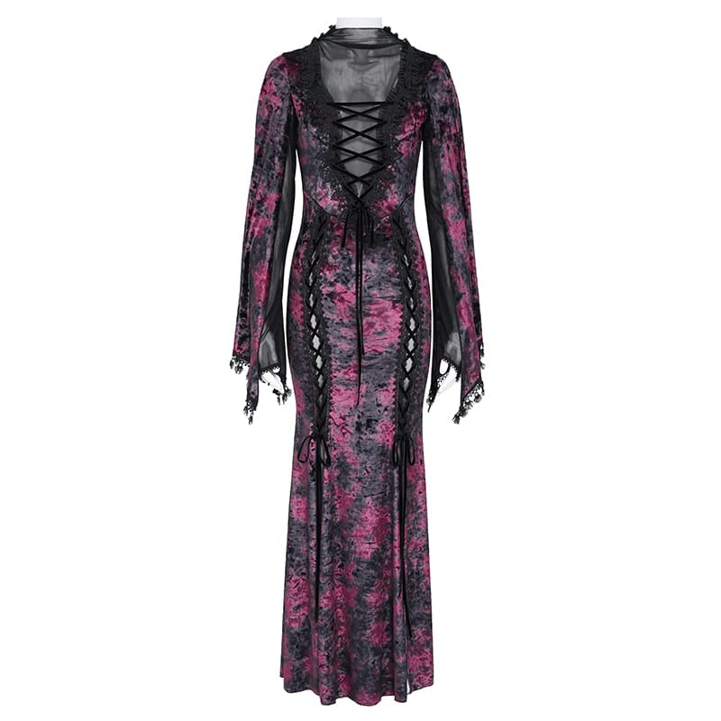 EVA LADY Women's Gothic Lace-up Mesh Splice Plunging V-neck Velvet Maxi Dress Black-Red