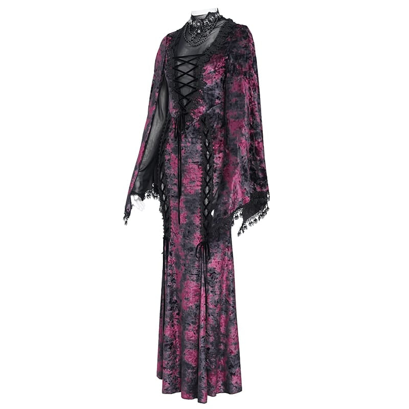 EVA LADY Women's Gothic Lace-up Mesh Splice Plunging V-neck Velvet Maxi Dress Black-Red