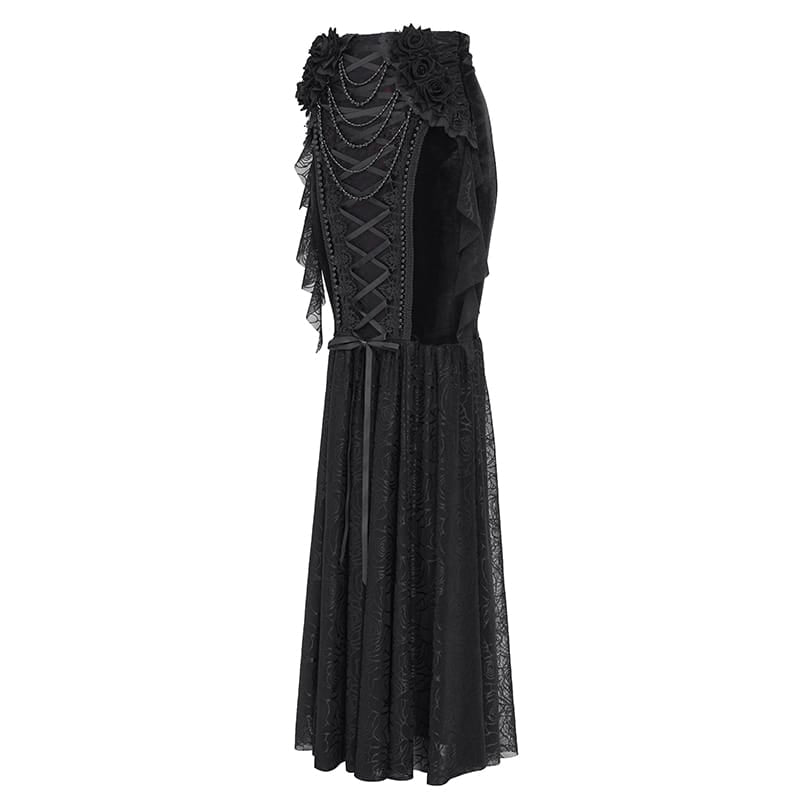 EVA LADY Women's Gothic Lace-up Rose Beaded Chain Mermaid Long Skirt