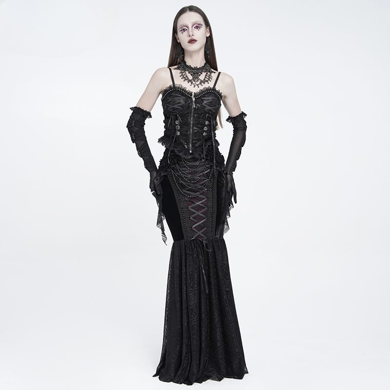 EVA LADY Women's Gothic Lace-up Rose Beaded Chain Mermaid Long Skirt