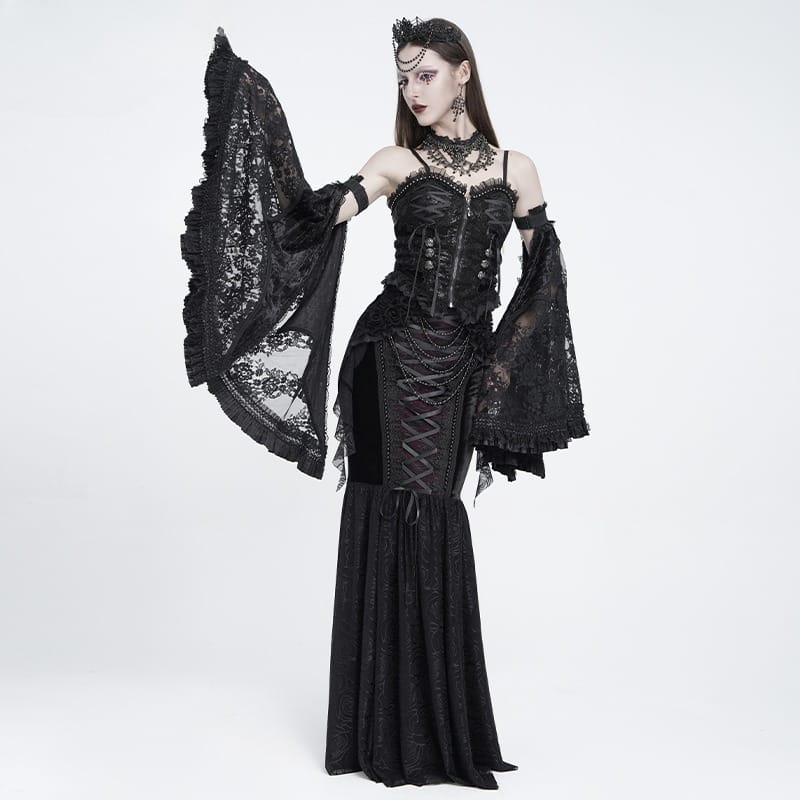 EVA LADY Women's Gothic Lace-up Rose Beaded Chain Mermaid Long Skirt