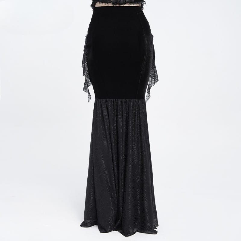 EVA LADY Women's Gothic Lace-up Rose Beaded Chain Mermaid Long Skirt