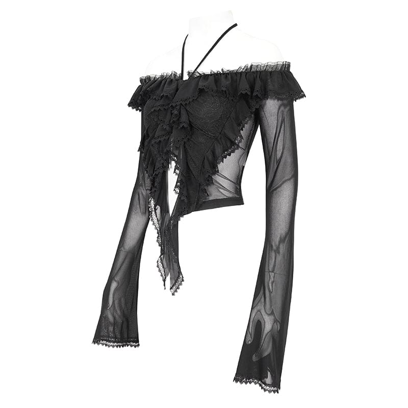 EVA LADY Women's Gothic Lace-up Ruffled Mesh Shirt