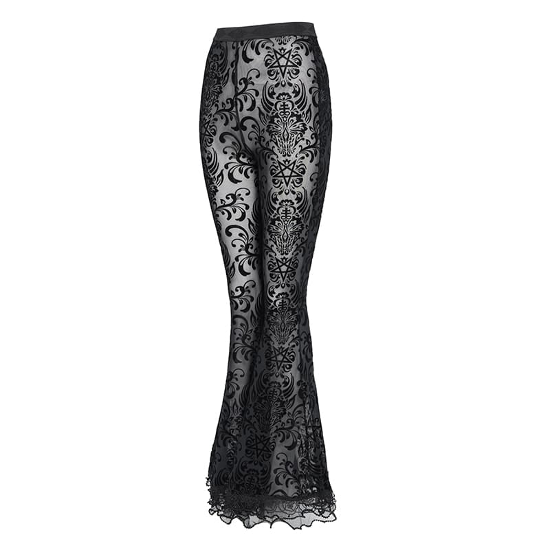 EVA LADY Women's Gothic Mesh Floral Pentacle Flocked Ruffled Flare Pants