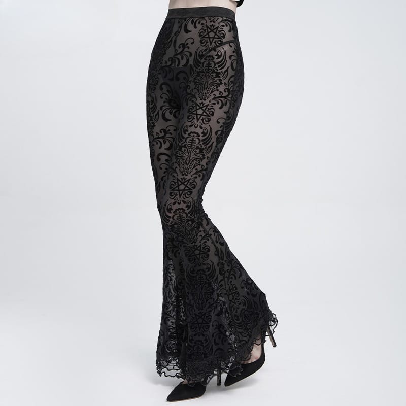 EVA LADY Women's Gothic Mesh Floral Pentacle Flocked Ruffled Flare Pants