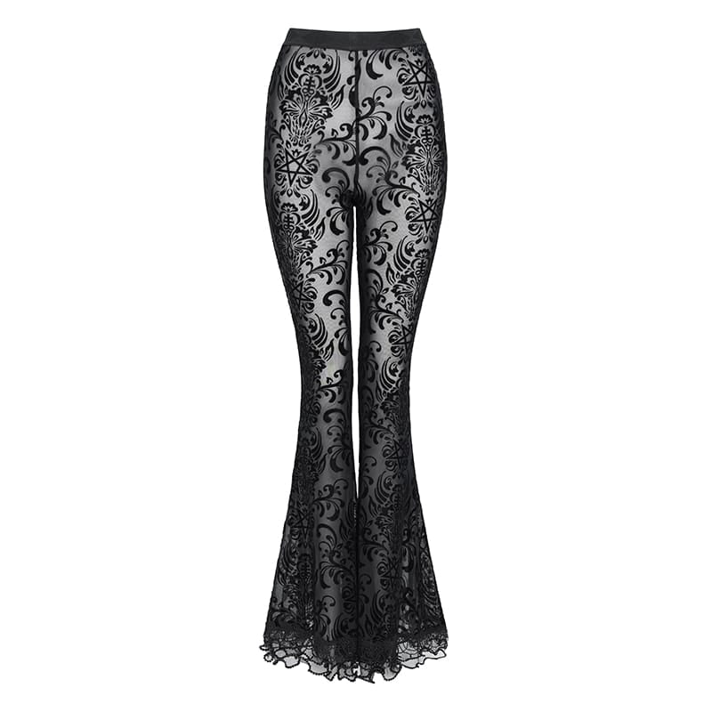 EVA LADY Women's Gothic Mesh Floral Pentacle Flocked Ruffled Flare Pants
