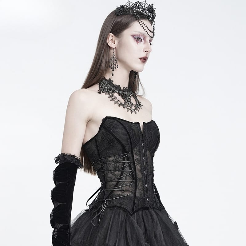 EVA LADY Women's Gothic Mesh Front Busk Criss‑cross Lace‑up Overbust Corset