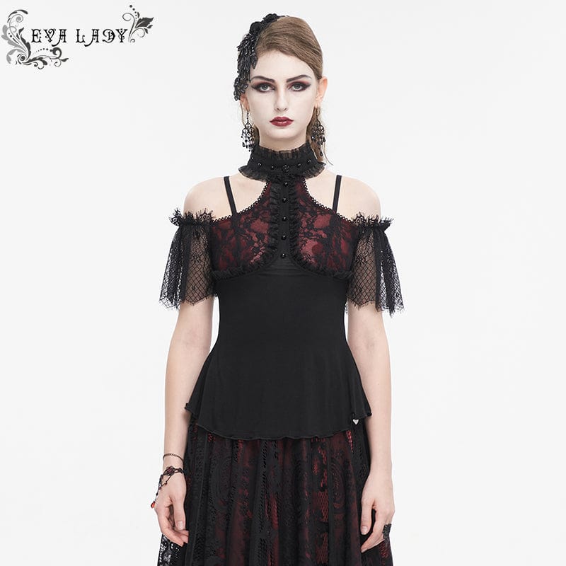 EVA LADY Women's Gothic Off Shoulder Lace Splice Shirt