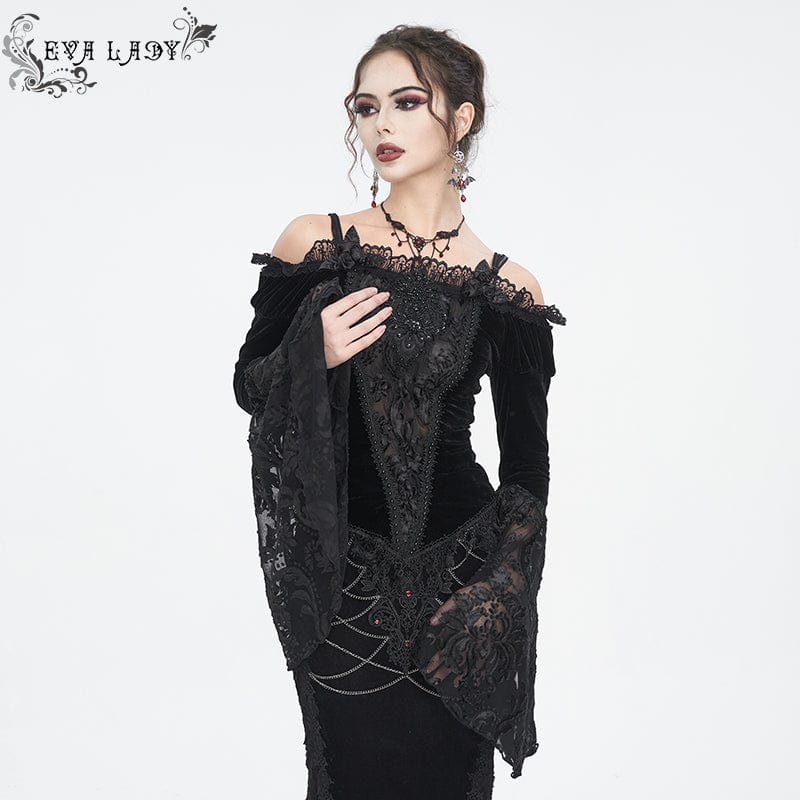EVA LADY Women's Gothic Off Shoulder Lace Splice Velvet Shirt Black