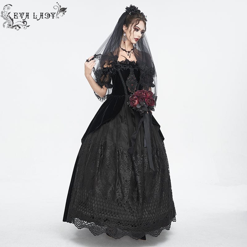 EVA LADY Women's Gothic Off Shoulder Rose Beaded Velvet Black Dress