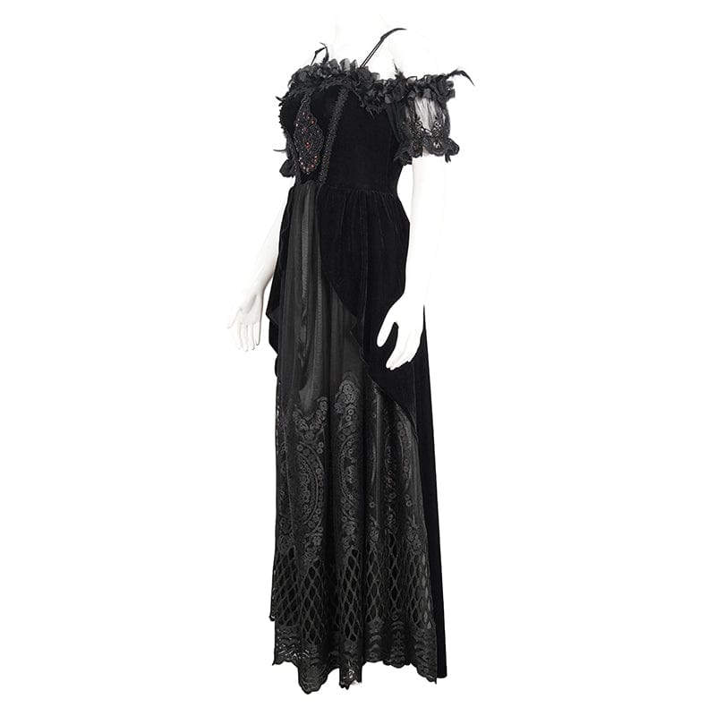 EVA LADY Women's Gothic Off Shoulder Rose Beaded Velvet Black Dress