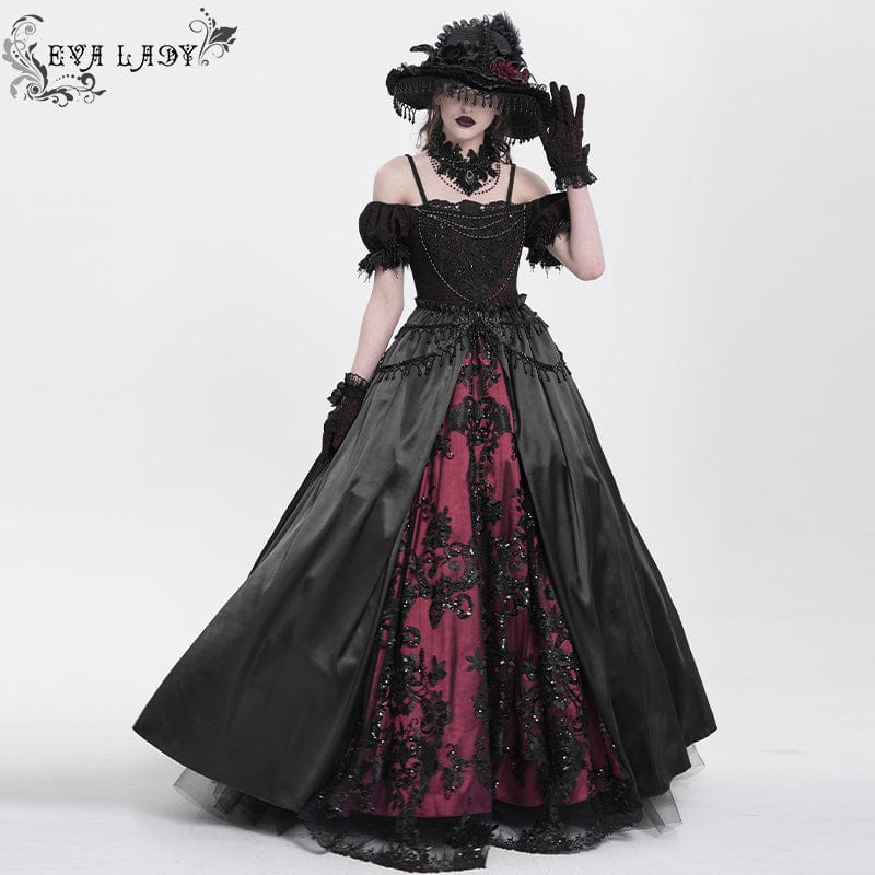 EVA LADY Women's Gothic Off-the-shoulder Lace Splice Prom Dress Red