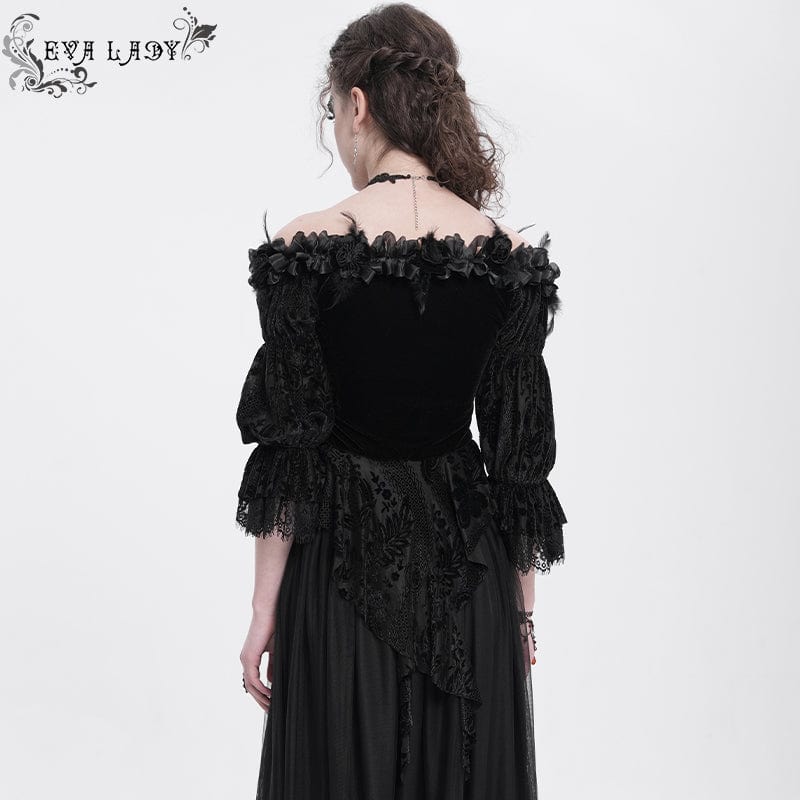 EVA LADY Women's Gothic Off-the-shoulder Ruffled Velvet Shirt Black