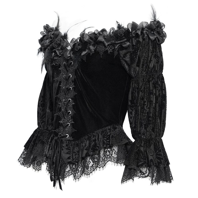 EVA LADY Women's Gothic Off-the-shoulder Ruffled Velvet Shirt Black