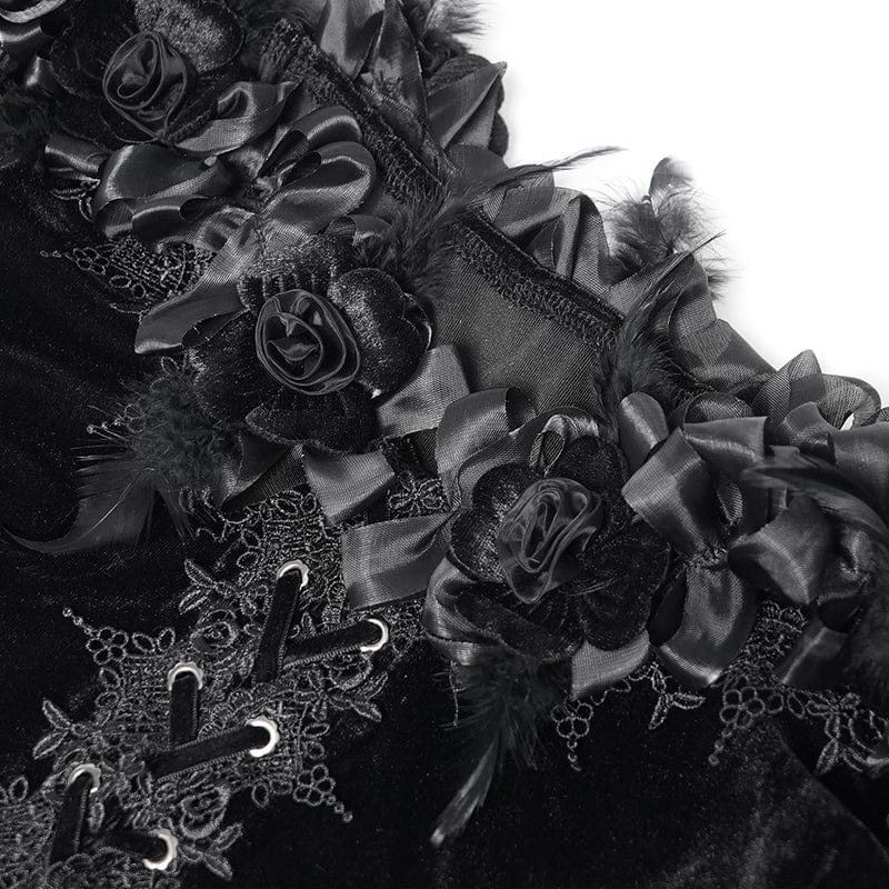 EVA LADY Women's Gothic Off-the-shoulder Ruffled Velvet Shirt Black