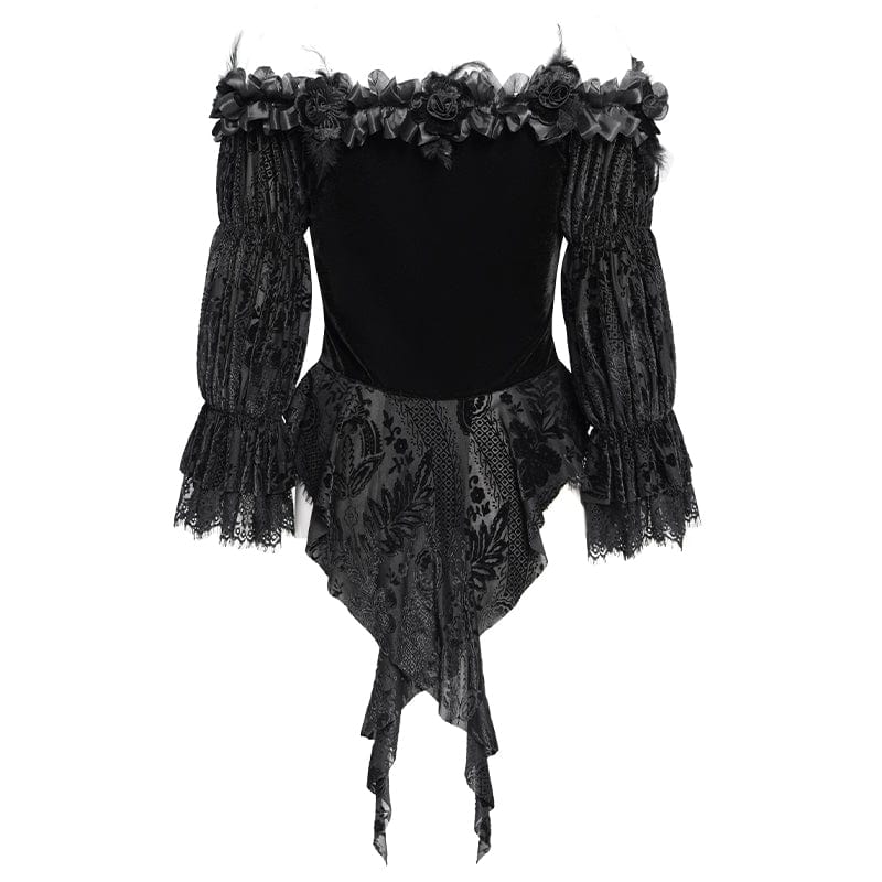 EVA LADY Women's Gothic Off-the-shoulder Ruffled Velvet Shirt Black